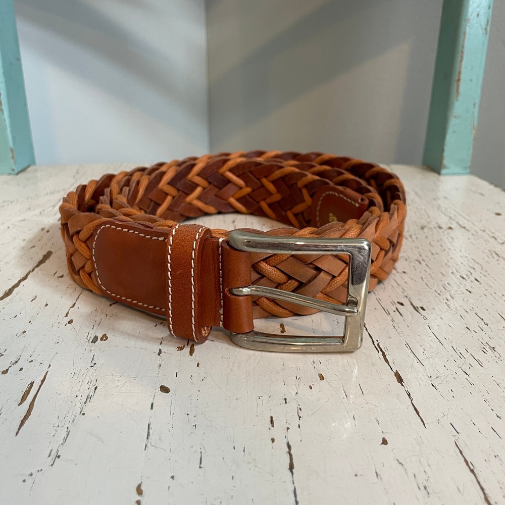Tuttle Golf Belt Mens Brown Braided Leather Cognac Tan Woven Made Italy Size 46